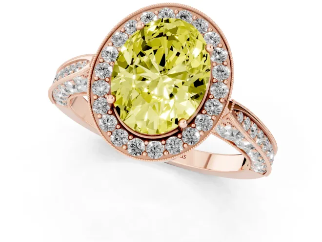 Fancy Yellow Oval Cut Diamond Halo Engagement Ring Set in Rose gold with Accent Split Shank Band – second view