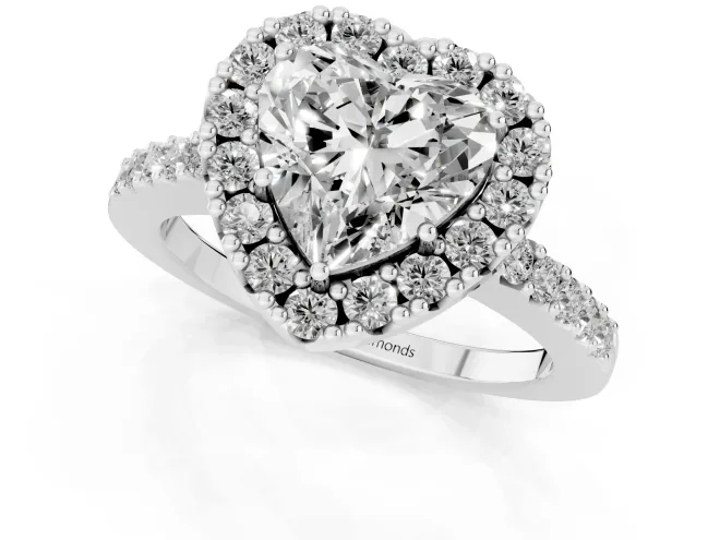 Heart Cut Diamond Halo Pavé Solitaire Ring Set in White gold with Prong-Set Center Stone – second view