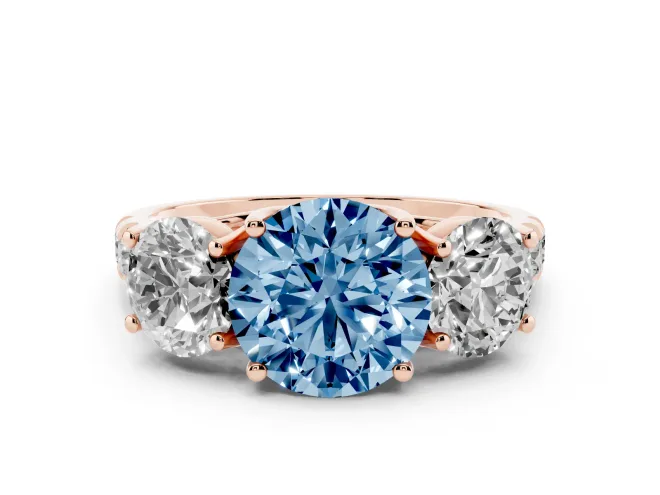 Round Three Stone Engagement Ring Setting for a Fancy Blue Lab-Grown Diamond | Accented Shoulders | Rose Gold
