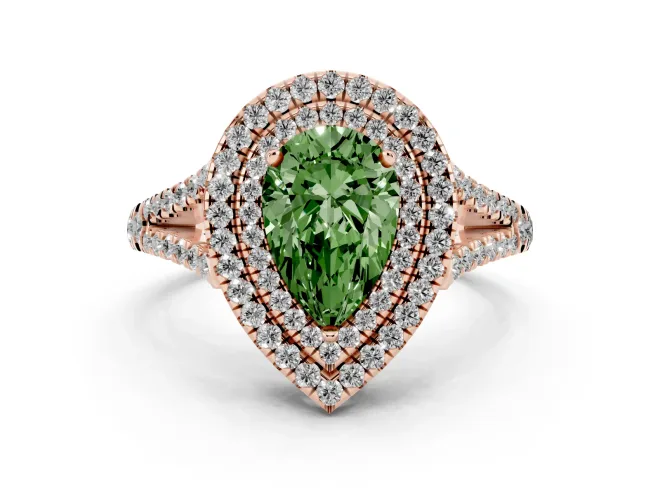 Fancy Green Pear Cut Diamond Double Halo Ring Set in Rose gold with Pavé Band