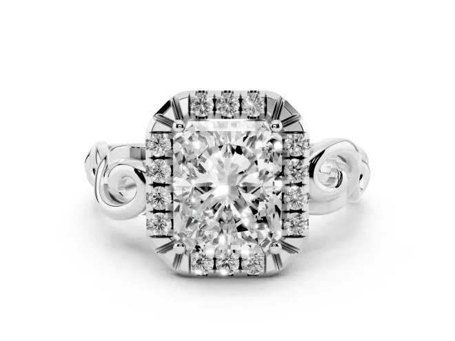 Radiant Cut Vintage Filigree Halo Engagement Ring Setting | Scroll Shoulders | White Gold