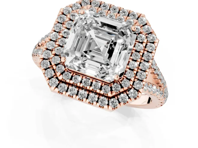 Asscher Cut Diamond Double Halo Ring Set in Rose gold with Pavé Band – second view