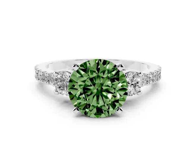 Fancy Green Three-Stone Round Cut Diamond Pavé Band Ring Set in Silver with Prong Setting