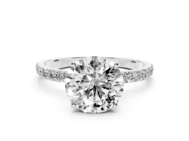 Round Cut Diamond Solitaire Engagement Ring Set in White gold with Round Pavé Band and Prong Setting