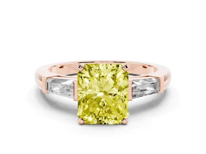 Radiant Cut Three Stone Engagement Ring Setting for a Fancy Yellow Lab-Grown Diamond | Tapered Baguettes | Rose Gold