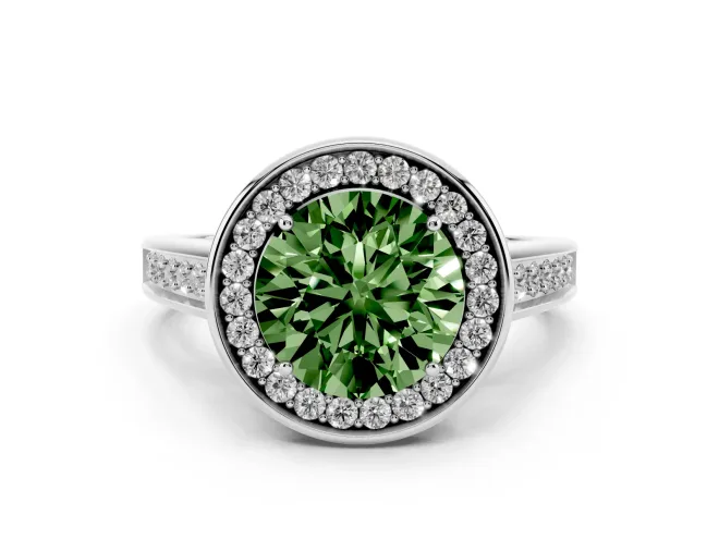 Round Rimmed Halo Engagement Ring Setting for a Fancy Green Lab-Grown Diamond | Platinum