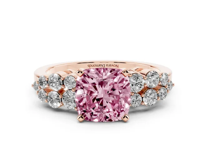 Cushion Cut Side Stone Engagement Ring Setting for a Fancy Pink Lab-Grown Diamond | Shoulder Clusters | Rose Gold