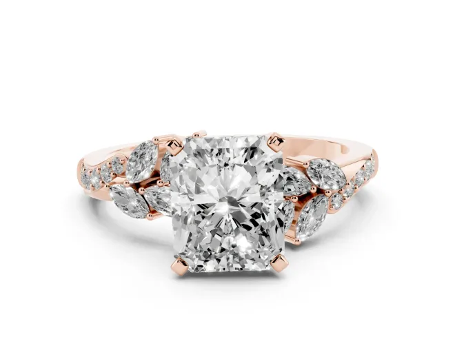 Radiant Cut Floral Engagement Ring Setting | Marquise Side Stones | Rose Gold