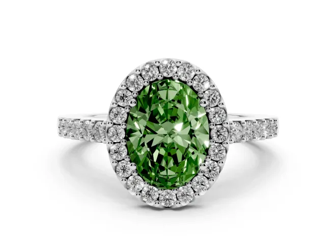 Oval Halo Engagement Ring Setting for a Fancy Green Lab-Grown Diamond | Single Row Pavé Band | White Gold
