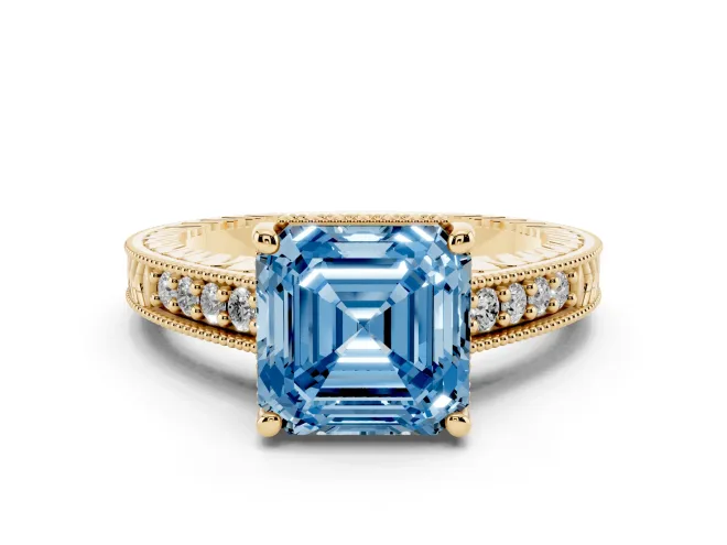 Asscher Cut Engraved Engagement Ring Setting for a Fancy Blue Lab-Grown Diamond | Yellow Gold