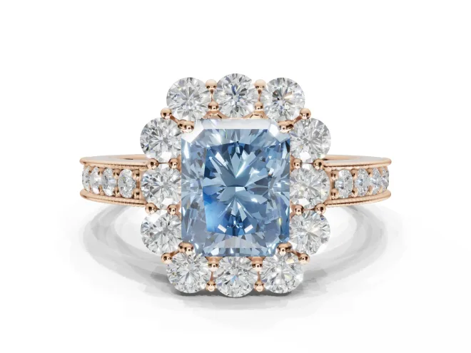 Radiant Cut Vintage Halo Engagement Ring Setting for a Fancy Blue Lab-Grown Diamond | Milgrain Channel Band | Rose Gold