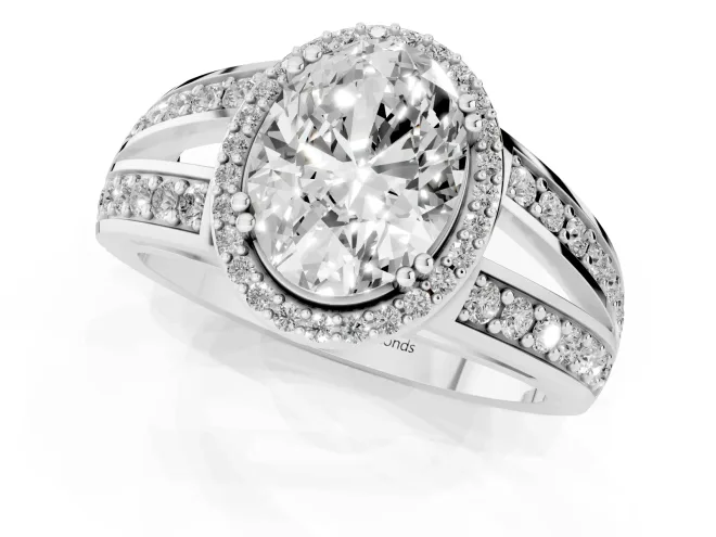 Oval Cut Diamond Halo Ring Set in Platinum with Double Pavé Split Shank – second view