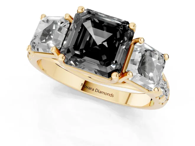 Fancy Black Asscher Cut Diamond Three-Stone Ring Set in Yellow gold with Pavé Band – second view