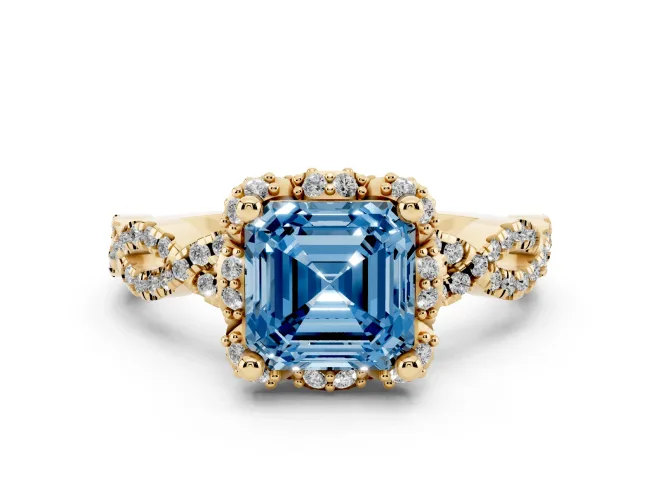 Asscher Cut Milgrain Halo Engagement Ring Setting for a Fancy Blue Lab-Grown Diamond | Graduated Shoulders | Yellow Gold