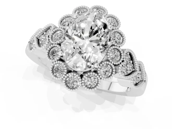 Oval Cut Diamond Solitaire Ring Set in Platinum with Milgrain Pavé Heart Band – second view