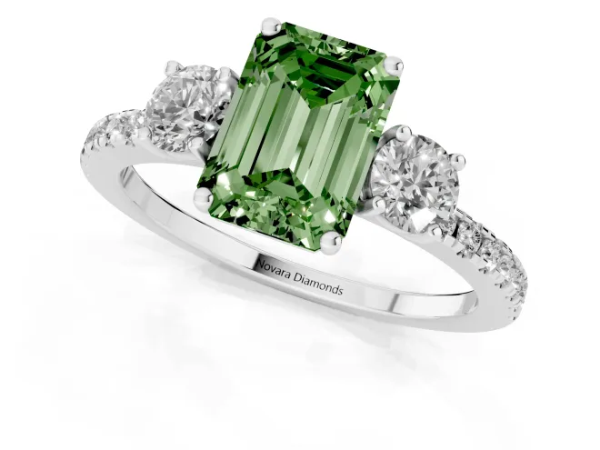 Fancy Green Emerald Cut Diamond Three-Stone Ring Set in Silver with Pavé Band and Graduated Sides – second view