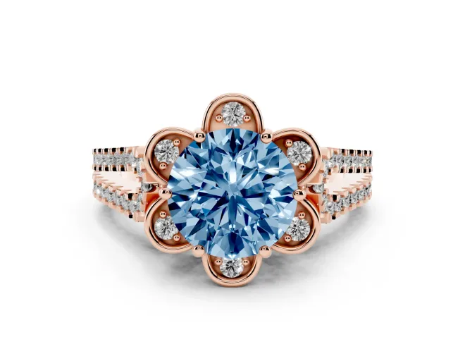 Round Petal Frame Floral Halo Engagement Ring Setting for a Fancy Blue Lab-Grown Diamond | Pavé Split Shank | Rose Gold