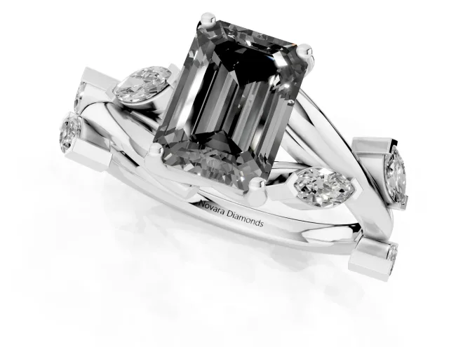 Fancy Black Emerald Cut Diamond Solitaire Ring Set in White gold with Twisted Marquise Accent Band – second view