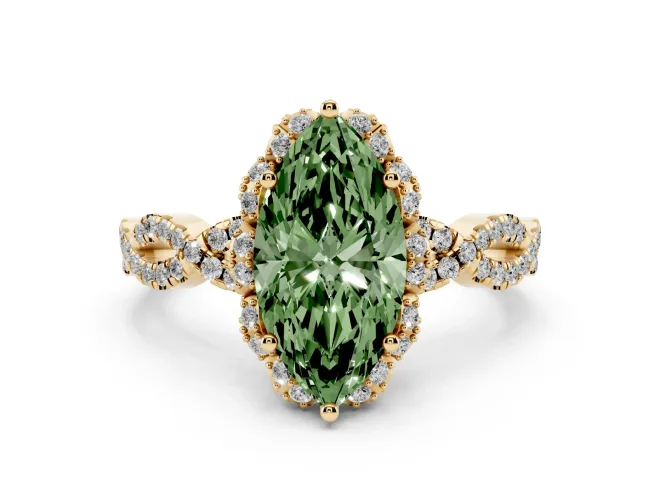 Marquise Milgrain Halo Engagement Ring Setting for a Fancy Green Lab-Grown Diamond | Graduated Shoulders | Yellow Gold