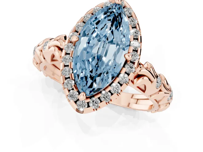 Fancy Blue Marquise Cut Diamond Halo Ring Set in Rose gold with Filigree Leaf Band and Prong Setting – second view