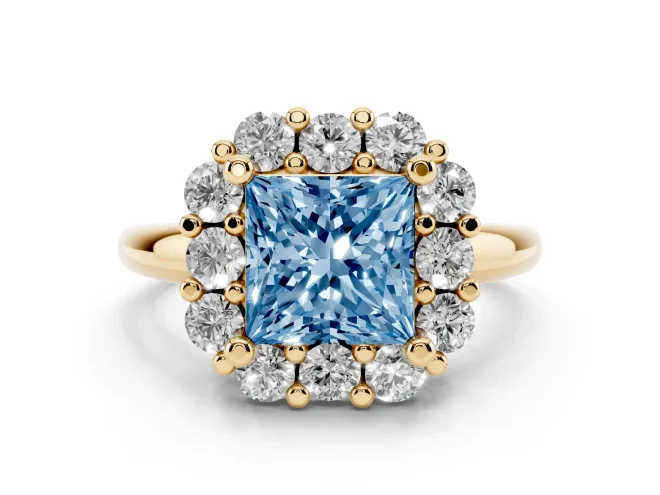 Princess Cut Cluster Halo Engagement Ring Setting for a Fancy Blue Lab-Grown Diamond | Large Round Accents | Yellow Gold