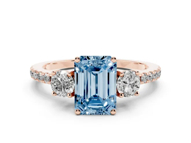 Emerald Cut Three Stone Engagement Ring Setting for a Fancy Blue Lab-Grown Diamond | Pavé Shoulders | Rose Gold