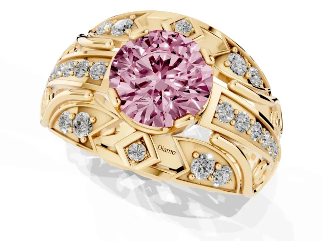 Fancy Pink Round Cut Diamond Art Deco Ring Set in Yellow gold with Pavé Split Shank – second view