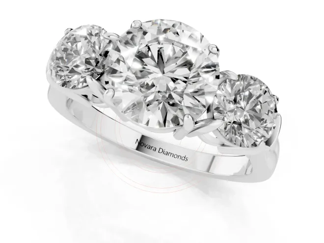 Round Cut Diamond Three-Stone Ring Set in Silver with Round Accent Stones and Plain Band – second view