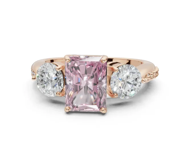 Radiant Cut Three Stone Engagement Ring Setting for a Fancy Pink Lab-Grown Diamond | Tapered Pavé Band | Rose Gold