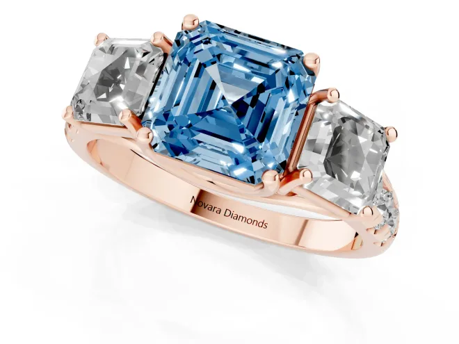Fancy Blue Asscher Cut Diamond Three-Stone Ring Set in Rose gold with Pavé Band – second view
