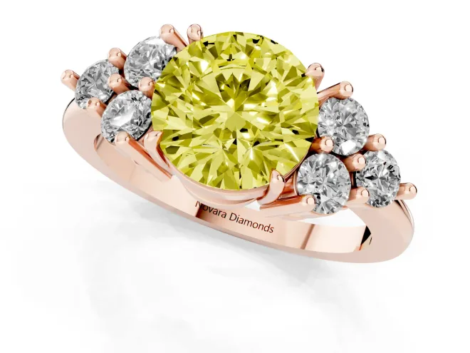 Fancy Yellow Round Cut Diamond Solitaire Ring Set in Rose gold with Cluster Accents on Each Side – second view