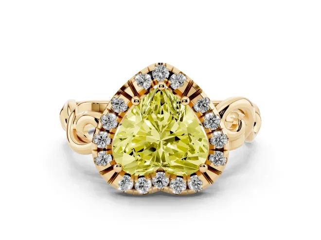 Heart-Shaped Filigree Halo Engagement Ring Setting for a Fancy Yellow Lab-Grown Diamond | Scroll Shoulders | Yellow Gold