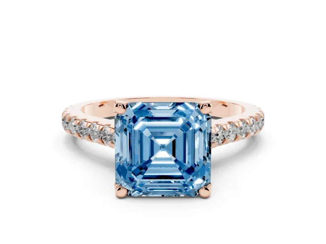 Asscher Cut Hidden Halo Pavé Engagement Ring Setting for a Fancy Blue Lab-Grown Diamond | Claw Prongs | Rose Gold