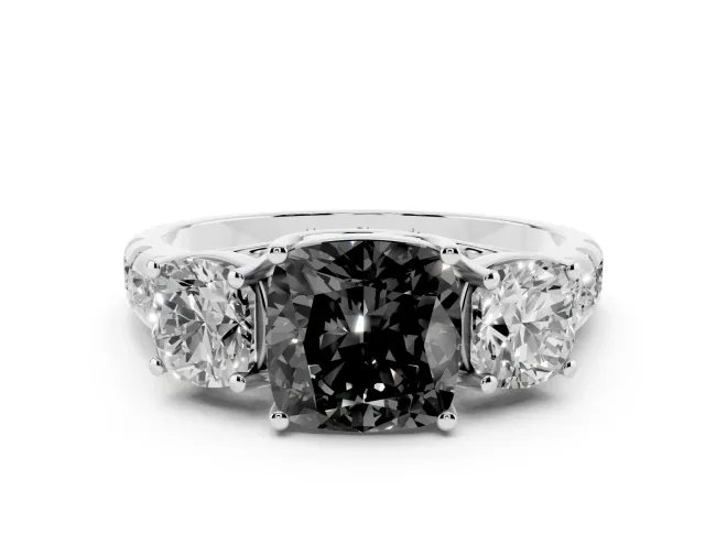 Fancy Black Cushion Cut Diamond Three-Stone Ring Set in Silver with Pavé Band