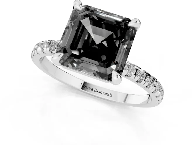 Fancy Black Asscher Cut Diamond Brilliant Solitaire Ring Set in Platinum with Pavé Band and Prong Setting – second view