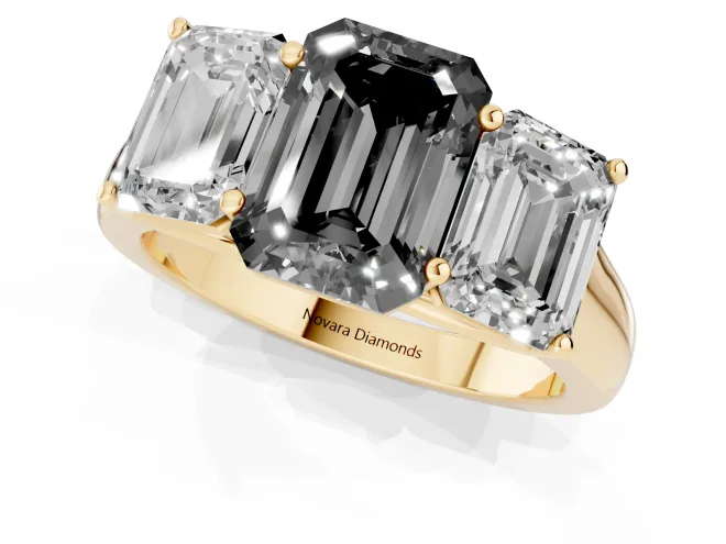 Fancy Black Emerald Cut Diamond Three-Stone Ring Set in Yellow gold with Plain Polished Band – second view