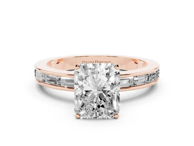 Radiant Cut Channel Set Engagement Ring Setting | Baguette Side Stones | Rose Gold