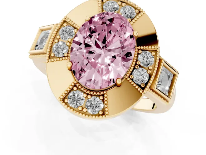 Fancy Pink Oval Cut Diamond Milgrain Halo Ring Set in Yellow gold with Split Shank – second view