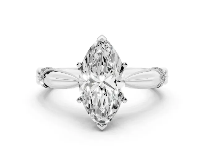 Marquise Cut Diamond Solitaire Twisted Band Ring Set in White gold with Accent Stones and Prong Setting