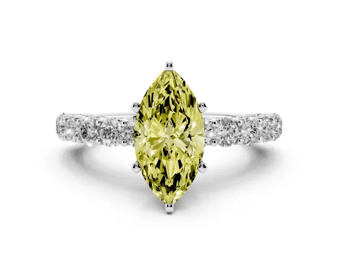 Fancy Yellow Marquise Cut Diamond Solitaire Ring Set in Silver with Shared Prong Pavé Band