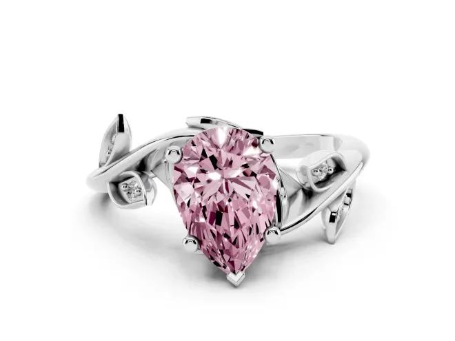 Fancy Pink Pear Cut Diamond Solitaire Twist Engagement Ring Set in Silver with Pavé Leaf Accents