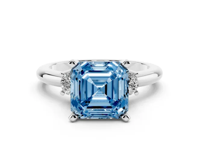 Asscher Cut Three Stone Engagement Ring Setting for a Fancy Blue Lab-Grown Diamond | Round Side Stones | White Gold