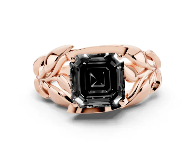 Fancy Black Asscher Cut Diamond Leaf-Inspired Engagement Ring Set in Rose gold with Round Accents