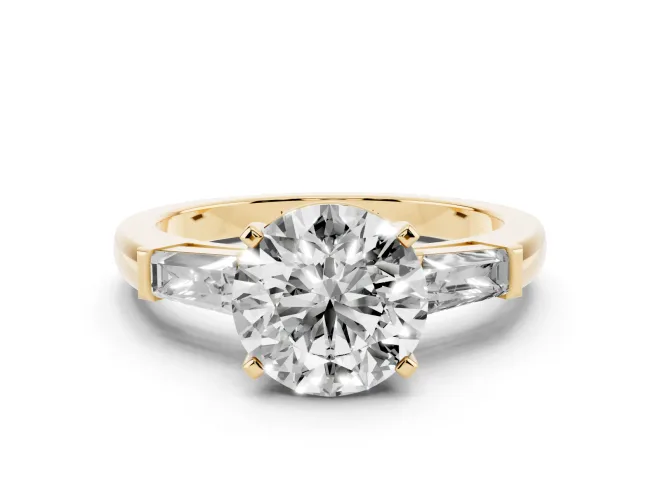 Round Three Stone Engagement Ring Setting | Tapered Baguettes | Yellow Gold