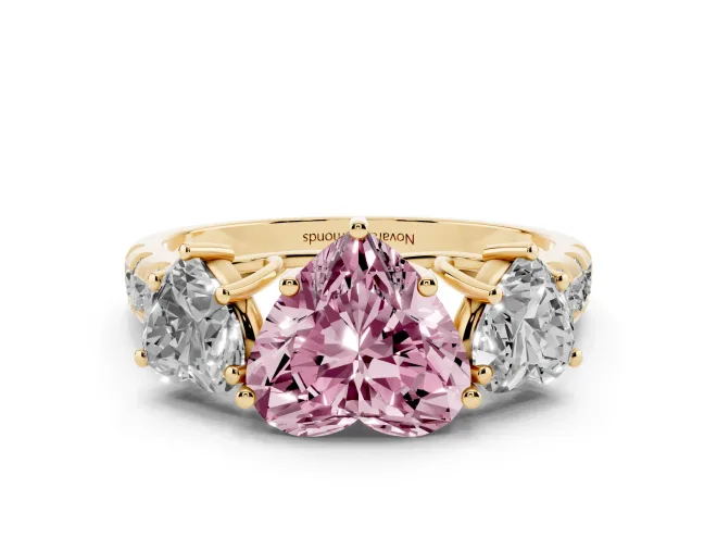 Heart-Shaped Three Stone Engagement Ring Setting for a Fancy Pink Lab-Grown Diamond | Accented Shoulders | Yellow Gold
