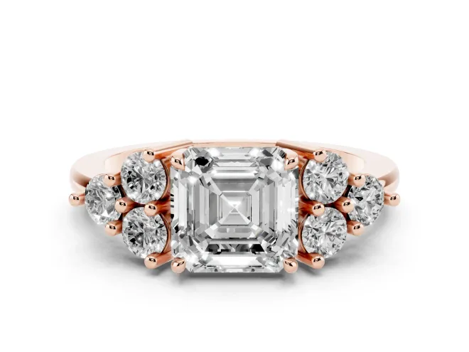 Asscher Cut Cluster Side Stone Engagement Ring Setting | Plain Band | Rose Gold