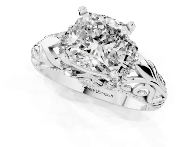 Cushion Cut Diamond Filigree Halo Engagement Ring Set in White gold with Prong Setting – second view
