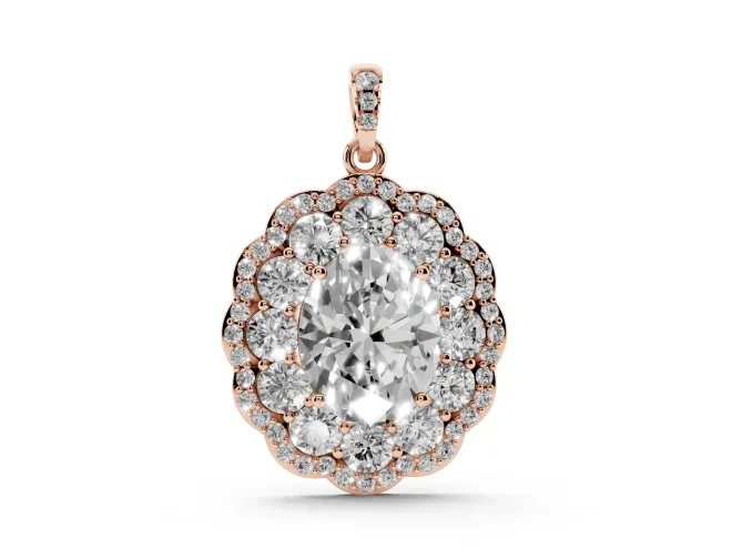 Oval Lab-Grown Diamond Floral Double Halo Pendant Necklace | Pavé Bail | Rose Gold