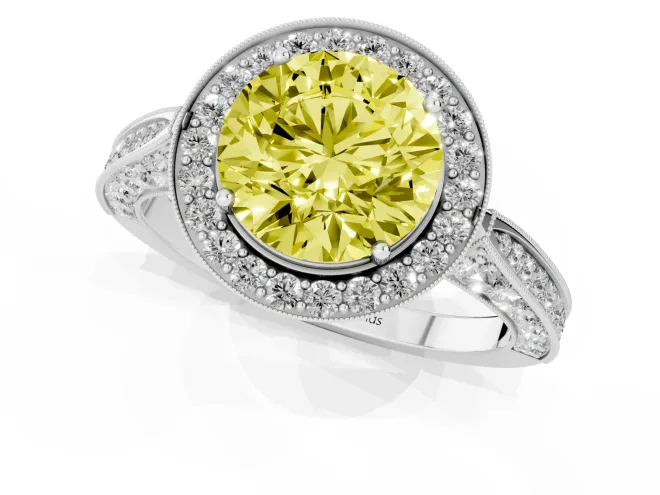 Fancy Yellow Round Cut Diamond Halo Engagement Ring Set in White gold with Accent Split Shank Band – second view