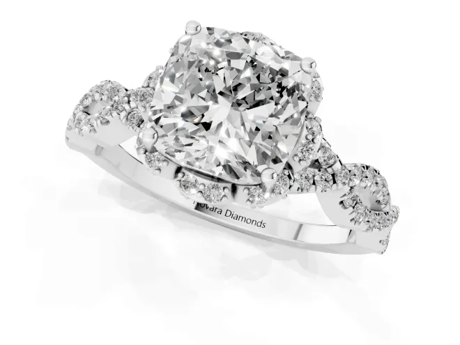 Cushion Cut Diamond Halo Twist Band Solitaire Ring Set in White gold with Prong-Set Center Stone – second view